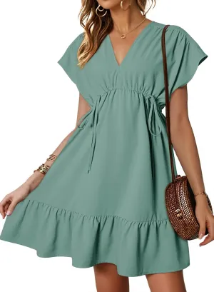 Dokotoo Womens Summer Dresses 2025 Short Sleeve V Neck Empire Waist Drawstring Casual Ruffle A-Line Swing Mini Babydoll Dress