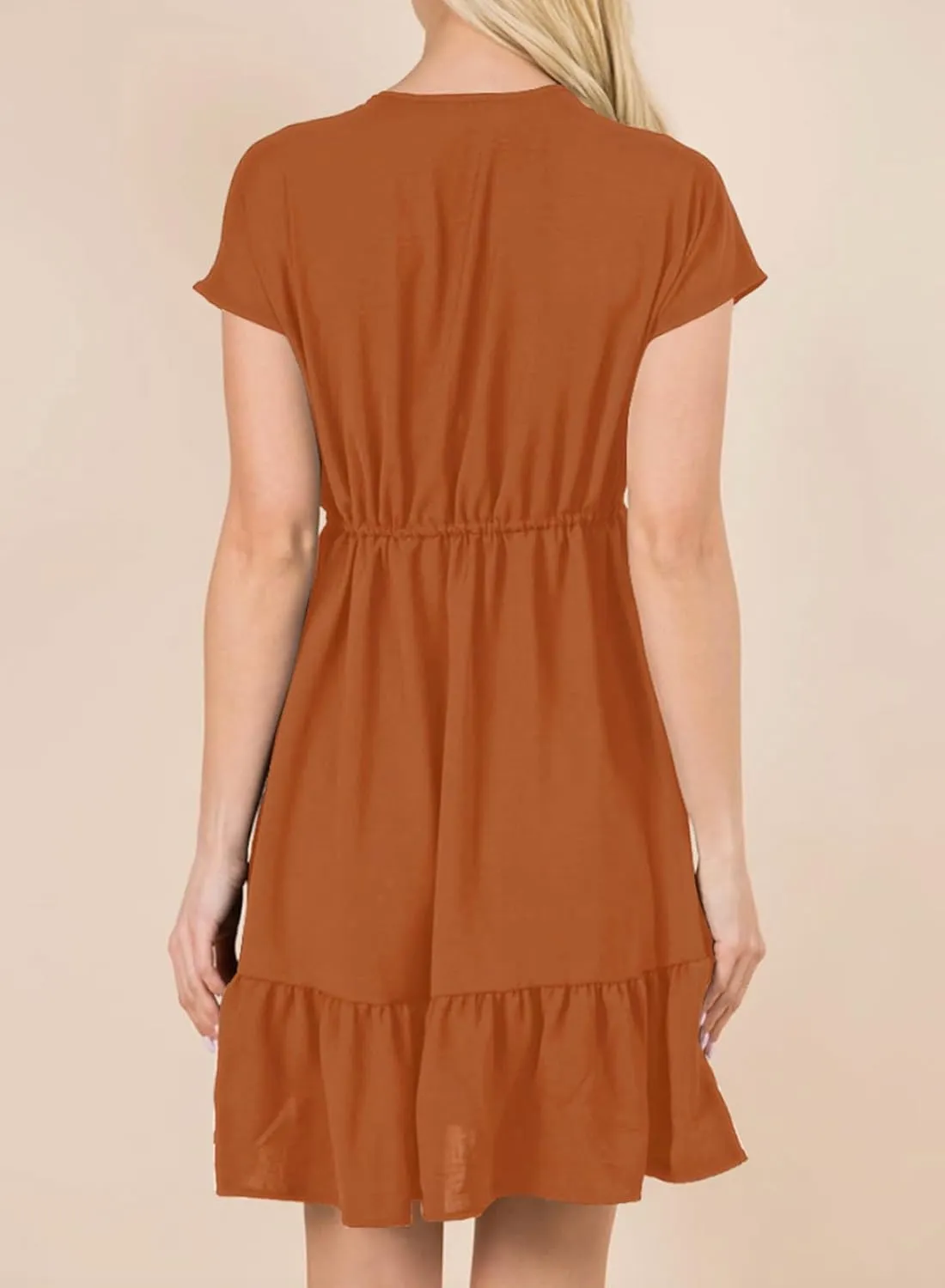 Dokotoo Womens Summer Dresses 2025 Short Sleeve V Neck Empire Waist Drawstring Casual Ruffle A-Line Swing Mini Babydoll Dress