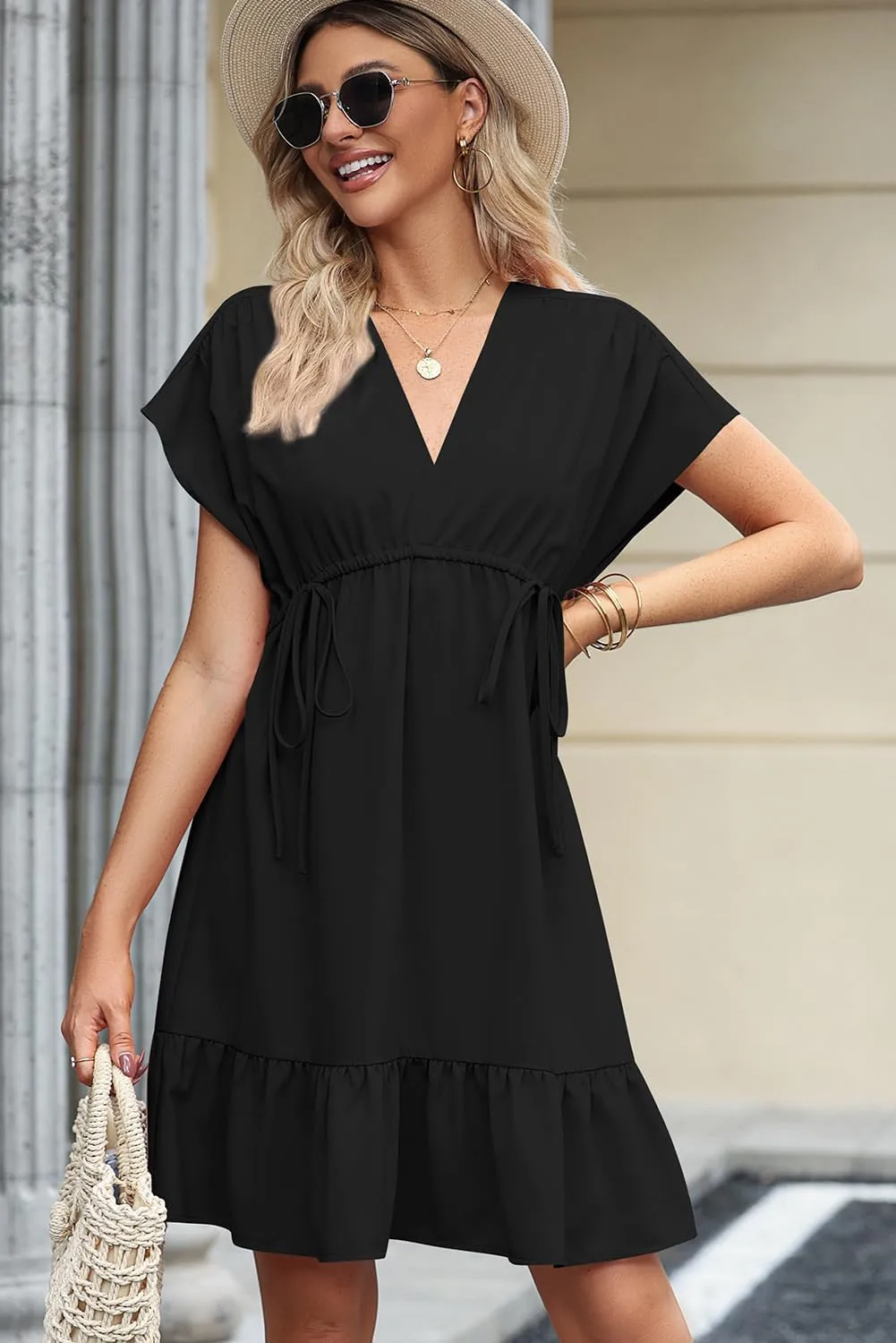 Dokotoo Womens Summer Dresses 2025 Short Sleeve V Neck Empire Waist Drawstring Casual Ruffle A-Line Swing Mini Babydoll Dress