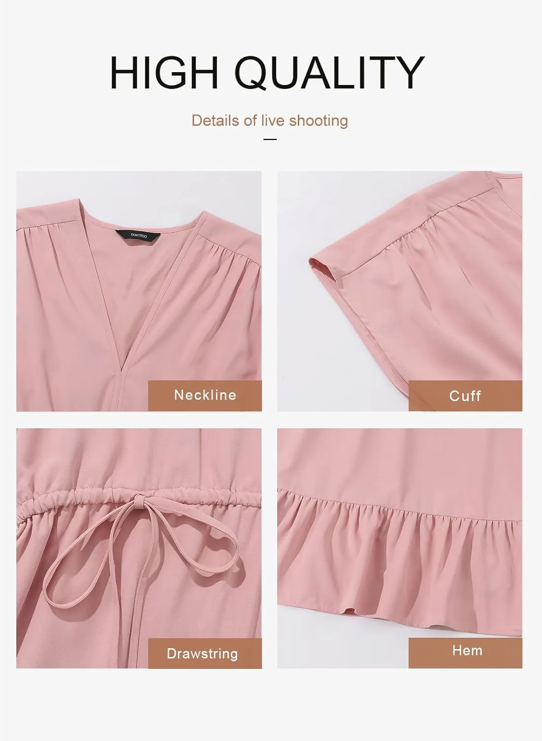 Dokotoo Womens Summer Dresses 2025 Short Sleeve V Neck Empire Waist Drawstring Casual Ruffle A-Line Swing Mini Babydoll Dress