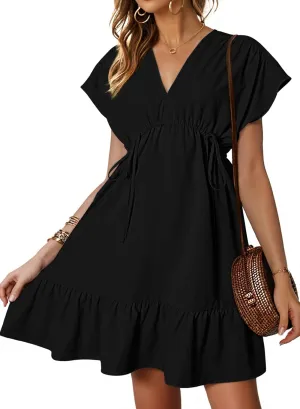 Dokotoo Womens Summer Dresses 2025 Short Sleeve V Neck Empire Waist Drawstring Casual Ruffle A-Line Swing Mini Babydoll Dress