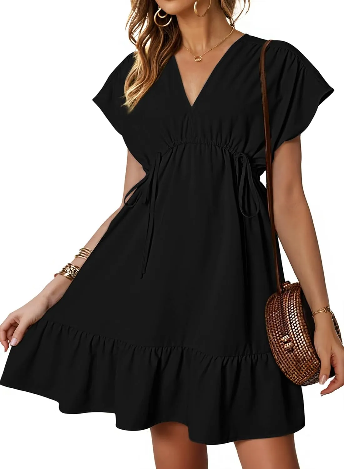 Dokotoo Womens Summer Dresses 2025 Short Sleeve V Neck Empire Waist Drawstring Casual Ruffle A-Line Swing Mini Babydoll Dress