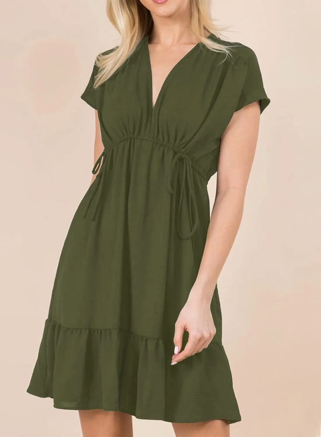Dokotoo Womens Summer Dresses 2025 Short Sleeve V Neck Empire Waist Drawstring Casual Ruffle A-Line Swing Mini Babydoll Dress