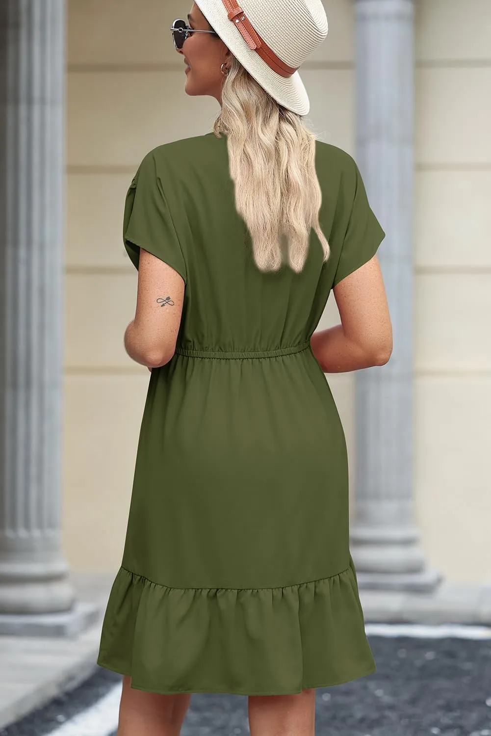 Dokotoo Womens Summer Dresses 2025 Short Sleeve V Neck Empire Waist Drawstring Casual Ruffle A-Line Swing Mini Babydoll Dress