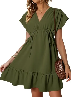 Dokotoo Womens Summer Dresses 2025 Short Sleeve V Neck Empire Waist Drawstring Casual Ruffle A-Line Swing Mini Babydoll Dress