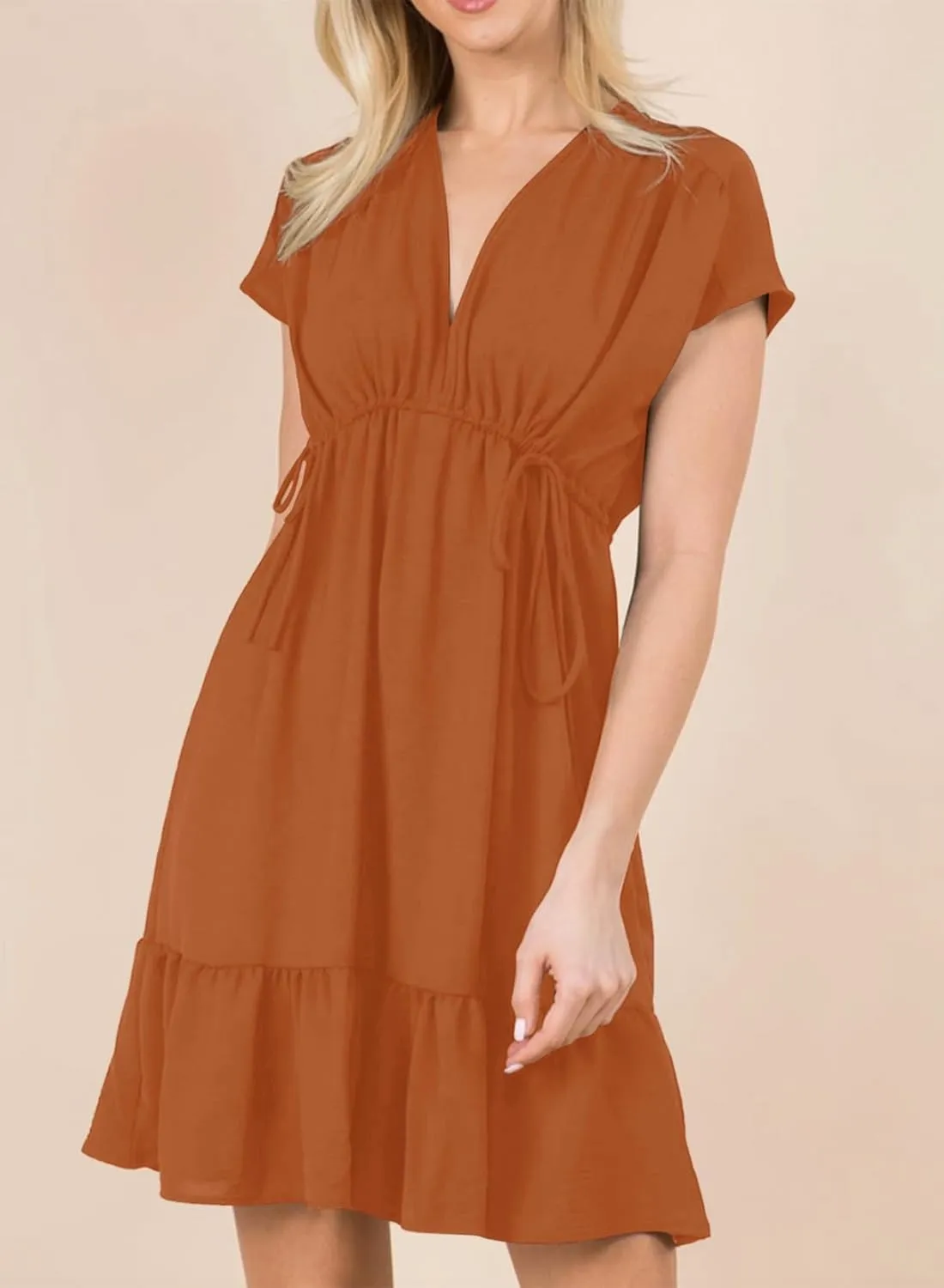 Dokotoo Womens Summer Dresses 2025 Short Sleeve V Neck Empire Waist Drawstring Casual Ruffle A-Line Swing Mini Babydoll Dress