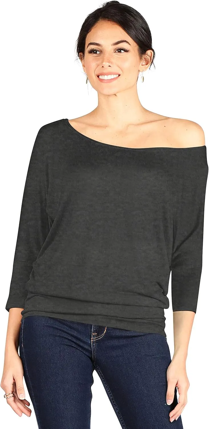 Dolman Tops for Women Off The Shoulder Tops Banded Waistband Shirts 3/4 Sleeves Regular and Plus Size Tops