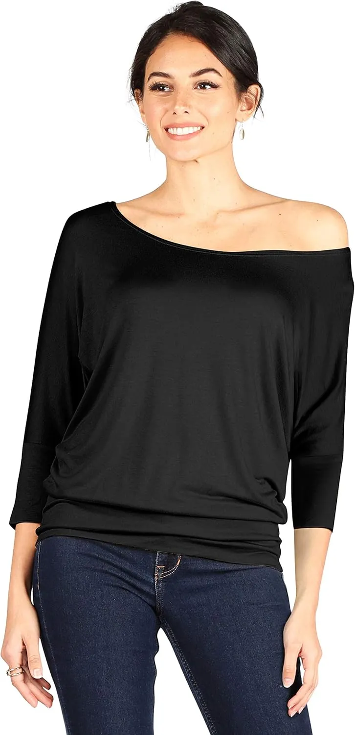 Dolman Tops for Women Off The Shoulder Tops Banded Waistband Shirts 3/4 Sleeves Regular and Plus Size Tops