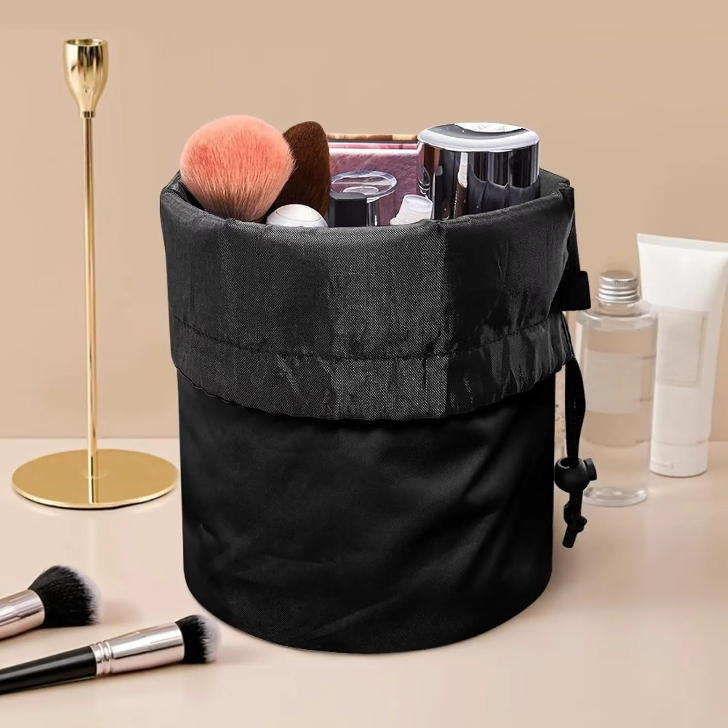 Dolyues Cherry Cosmetic Bag for Women Portable Makeup Organizer Bag Large Capacity Soft Drawstring Make Up Bag Foldable Toiletry Bucket Bag for Travel