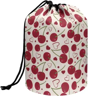 Dolyues Cherry Cosmetic Bag for Women Portable Makeup Organizer Bag Large Capacity Soft Drawstring Make Up Bag Foldable Toiletry Bucket Bag for Travel