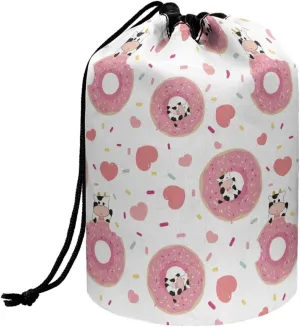 Dolyues Travel Cosmetic Bag Cute Cow Print Drawstring Barrel Makeup Bag Multifunctional Toiletry Bag Foldable Makeup Organizer Travel Bag for Women
