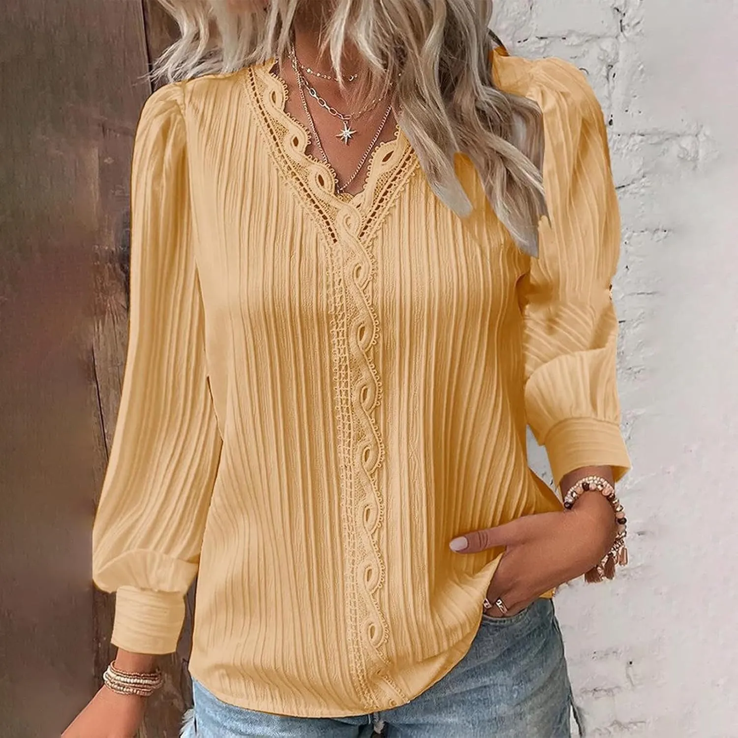 Dressy T Shirts for Women Elegant Lace Patchwork V Neck Long Sleeve Pleated Tops Office Work Going Out Party Blouse
