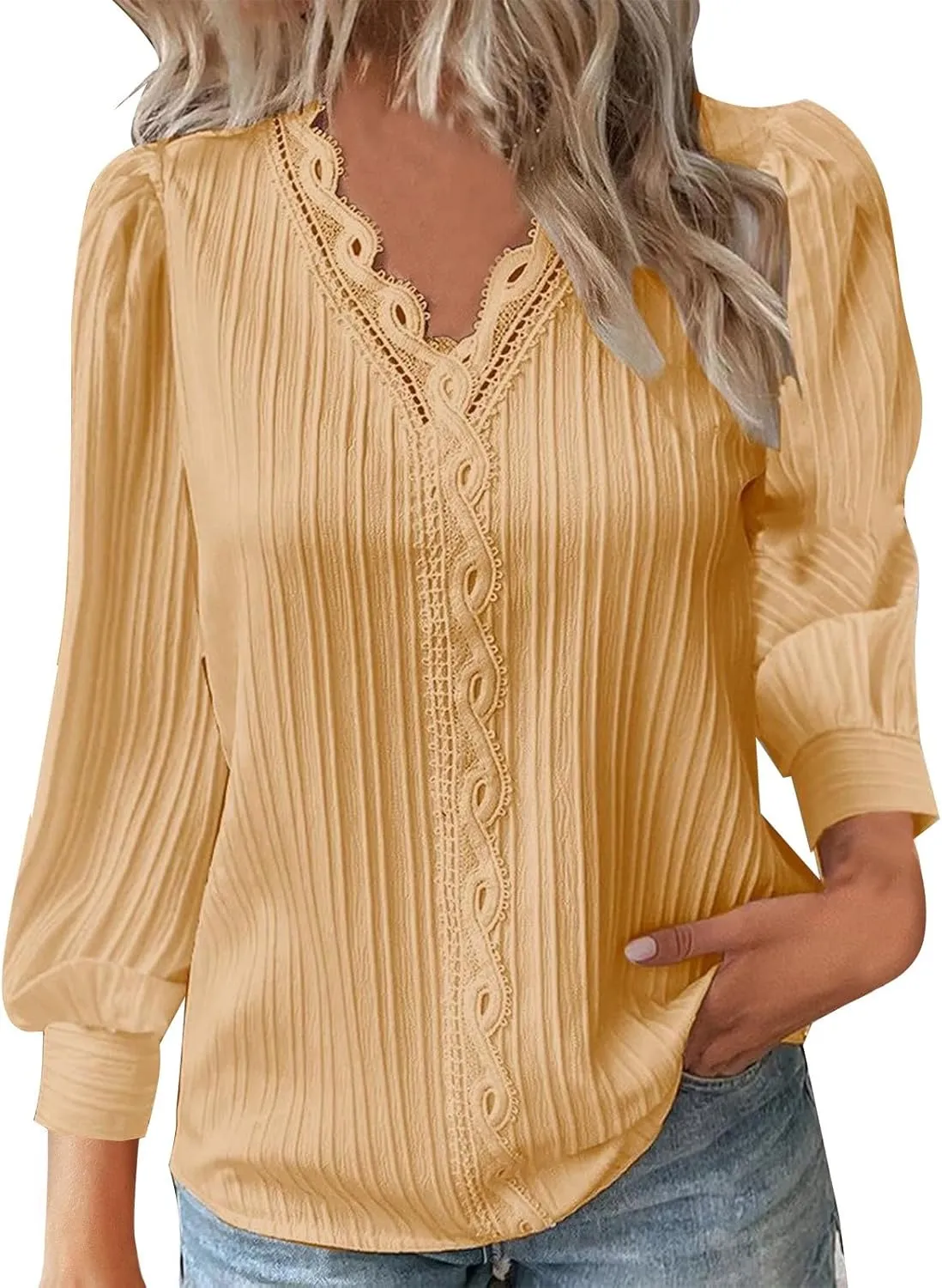Dressy T Shirts for Women Elegant Lace Patchwork V Neck Long Sleeve Pleated Tops Office Work Going Out Party Blouse