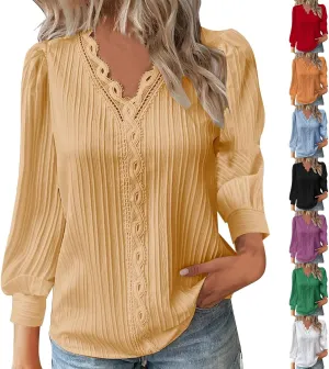 Dressy T Shirts for Women Elegant Lace Patchwork V Neck Long Sleeve Pleated Tops Office Work Going Out Party Blouse