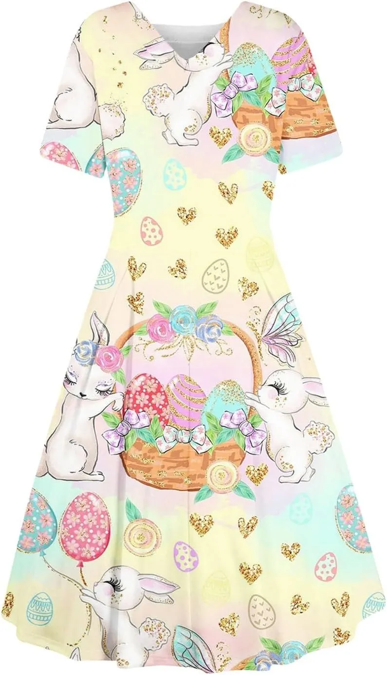 Easter Dresses for Women 2025 Spring Casual Short Sleeve Swing Flowy Beach Mini Vacation Dress