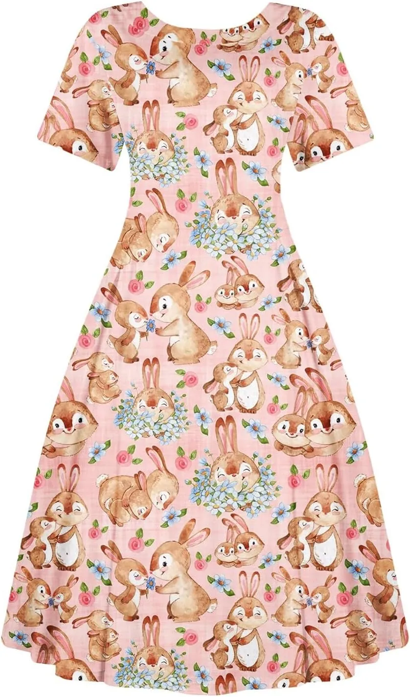 Easter Dresses for Women 2025 Spring Casual Short Sleeve Swing Flowy Beach Mini Vacation Dress