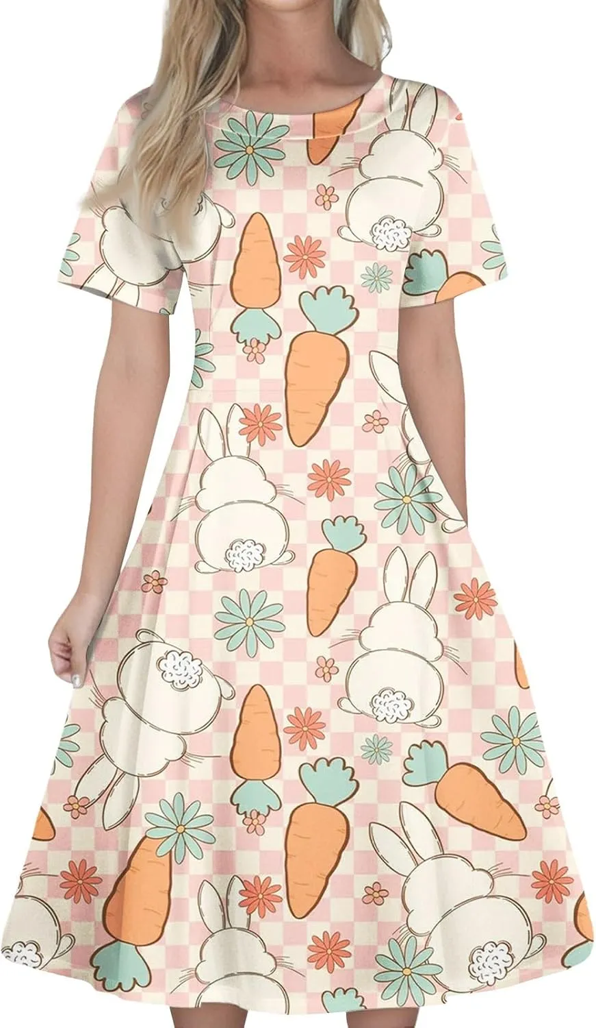 Easter Dresses for Women 2025 Spring Casual Short Sleeve Swing Flowy Beach Mini Vacation Dress