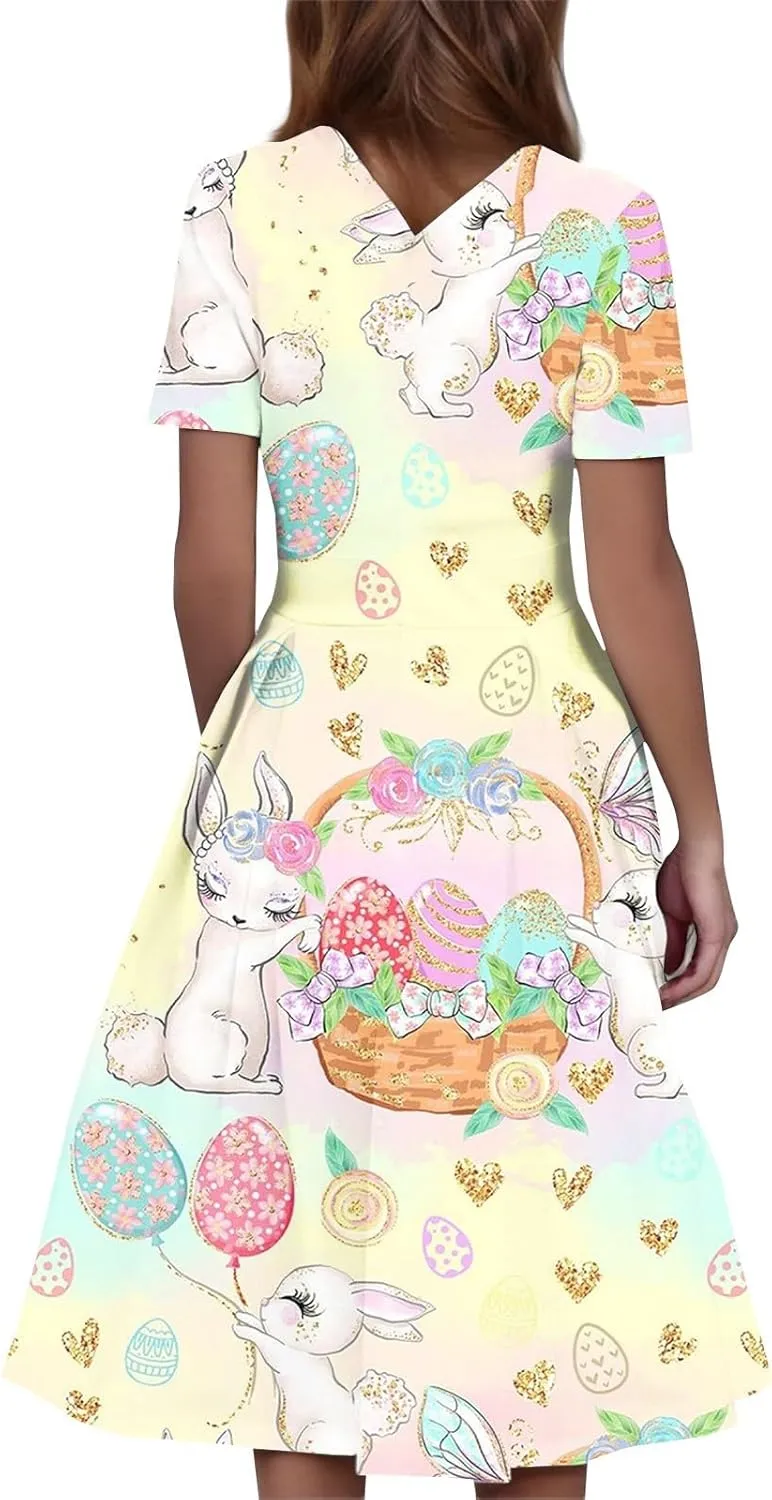 Easter Dresses for Women 2025 Spring Casual Short Sleeve Swing Flowy Beach Mini Vacation Dress