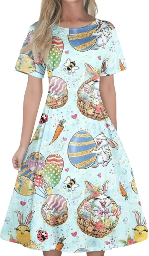 Easter Dresses for Women 2025 Spring Casual Short Sleeve Swing Flowy Beach Mini Vacation Dress