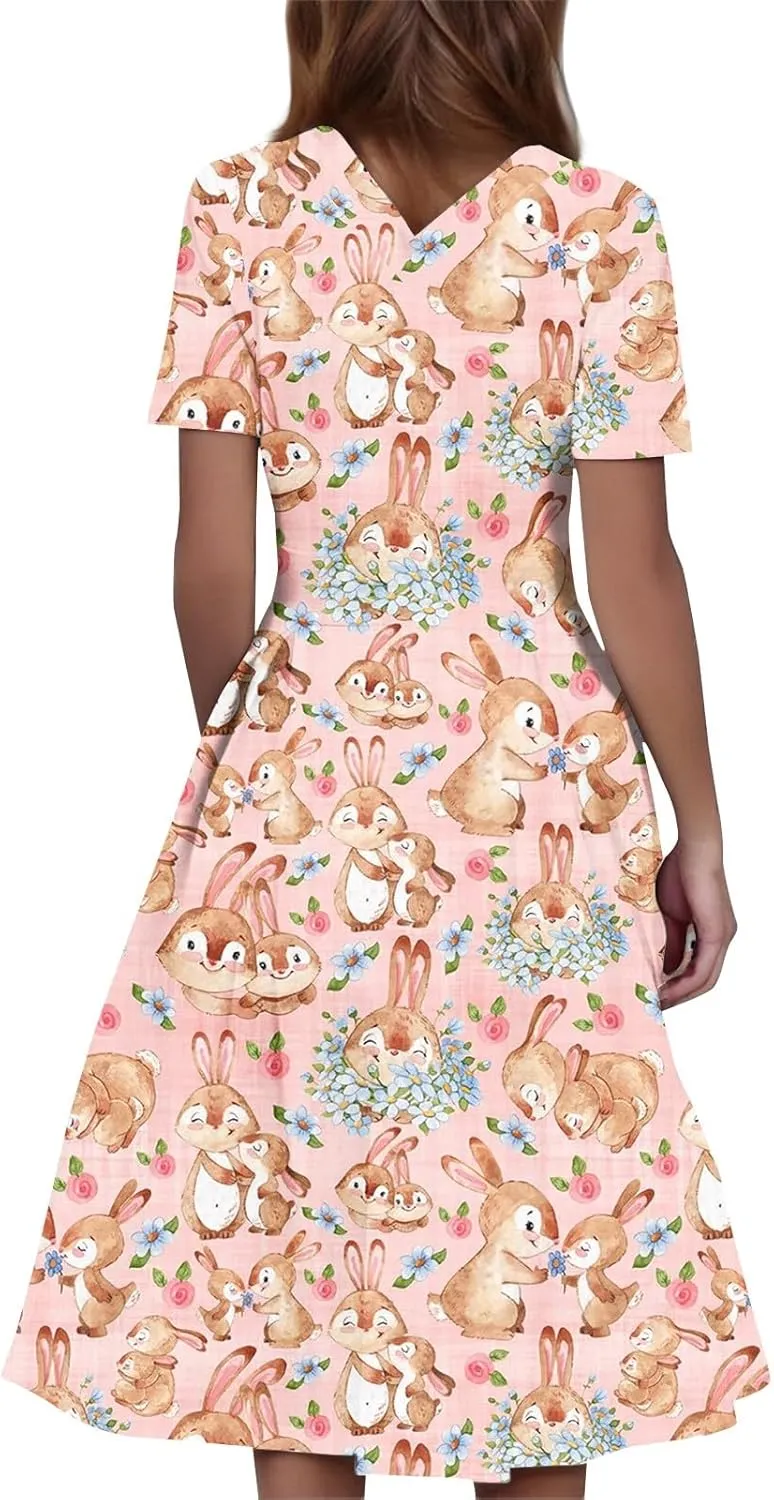 Easter Dresses for Women 2025 Spring Casual Short Sleeve Swing Flowy Beach Mini Vacation Dress