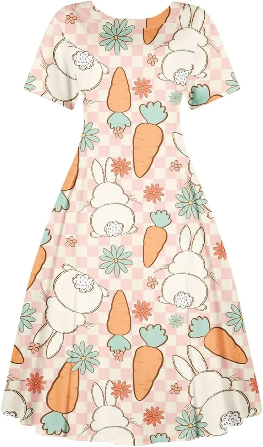 Easter Dresses for Women 2025 Spring Casual Short Sleeve Swing Flowy Beach Mini Vacation Dress