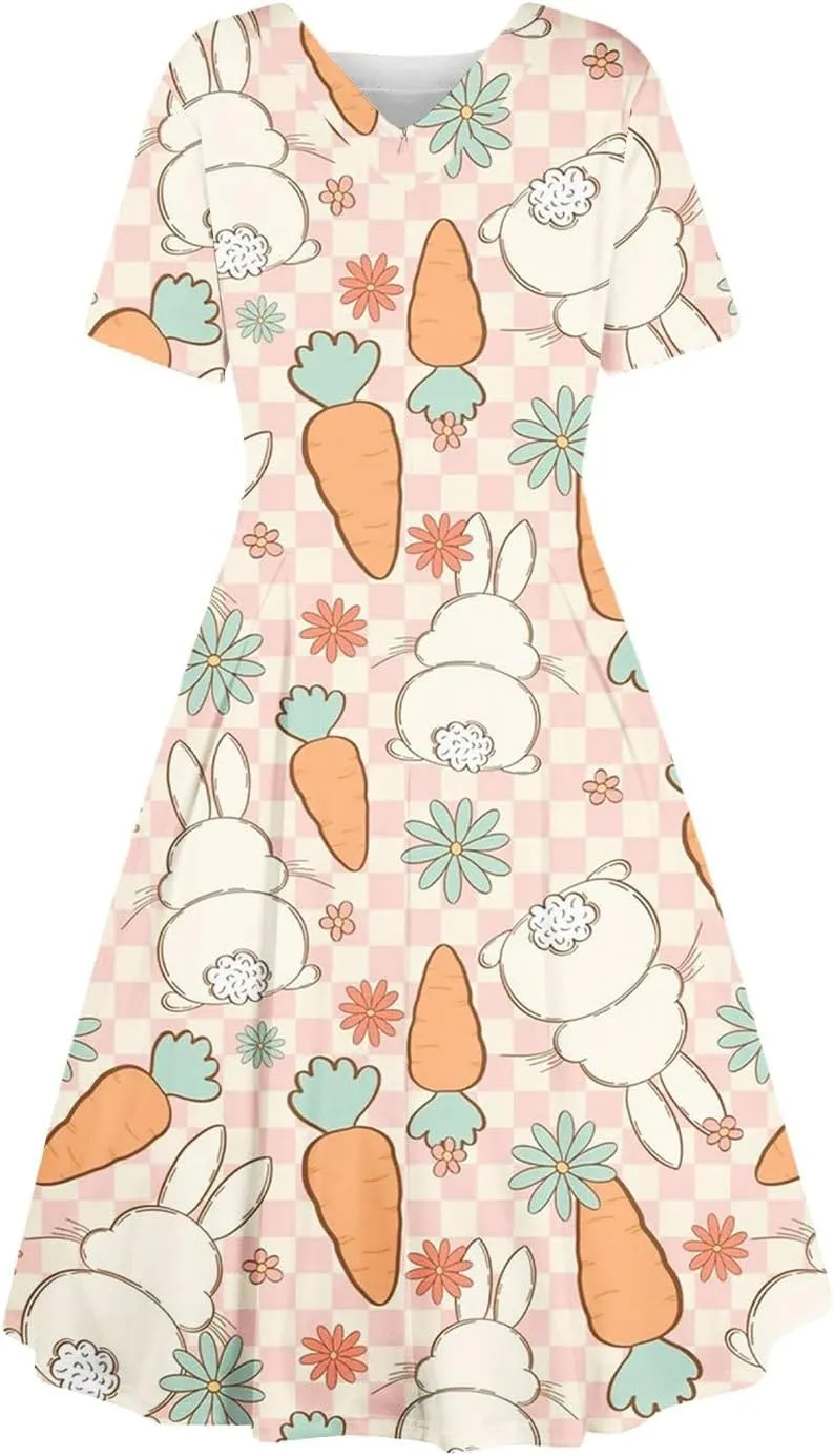 Easter Dresses for Women 2025 Spring Casual Short Sleeve Swing Flowy Beach Mini Vacation Dress