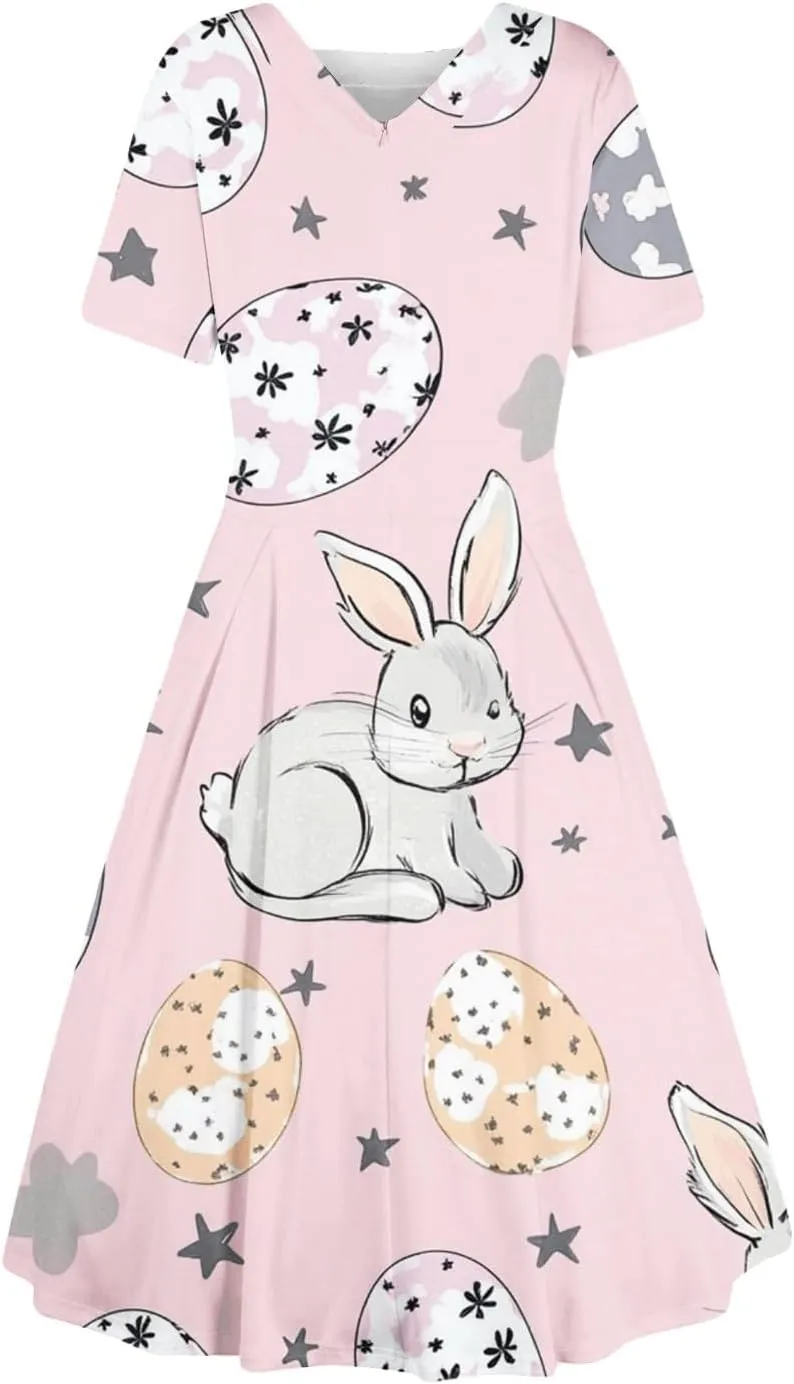 Easter Dresses for Women 2025 Spring Casual Short Sleeve Swing Flowy Beach Mini Vacation Dress