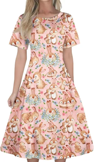 Easter Dresses for Women 2025 Spring Casual Short Sleeve Swing Flowy Beach Mini Vacation Dress