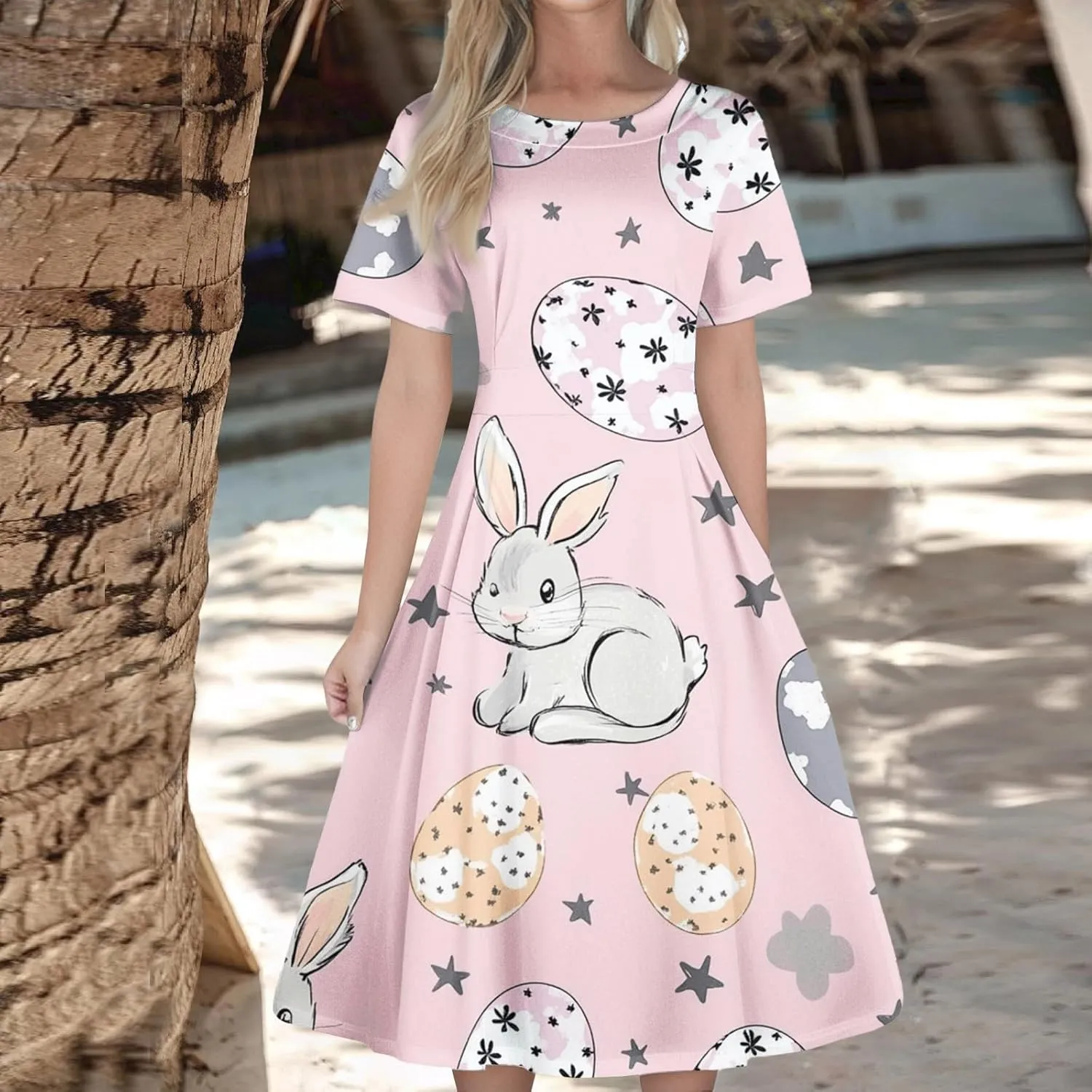 Easter Dresses for Women 2025 Spring Casual Short Sleeve Swing Flowy Beach Mini Vacation Dress