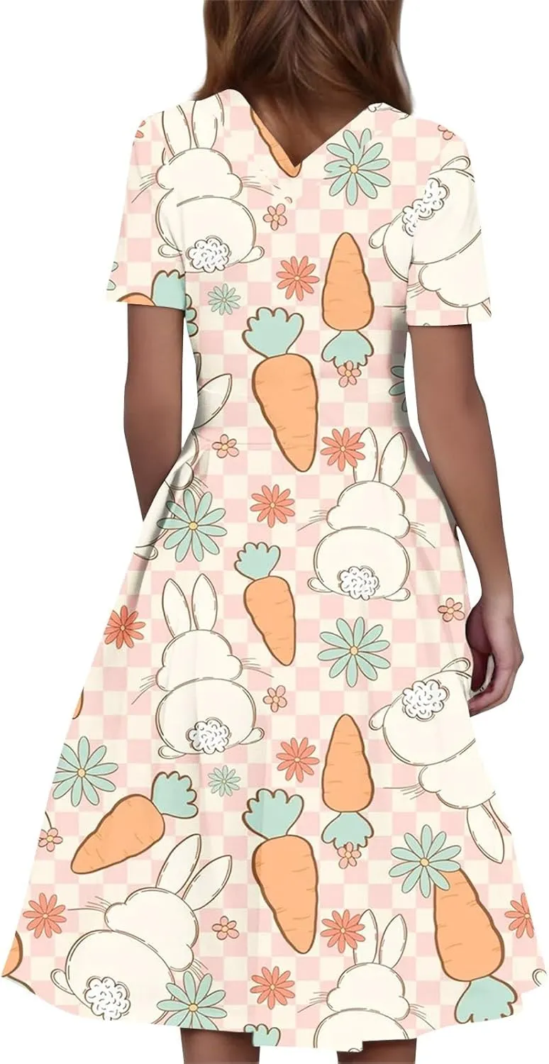 Easter Dresses for Women 2025 Spring Casual Short Sleeve Swing Flowy Beach Mini Vacation Dress