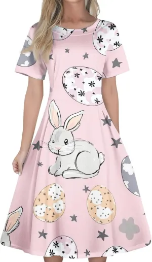Easter Dresses for Women 2025 Spring Casual Short Sleeve Swing Flowy Beach Mini Vacation Dress