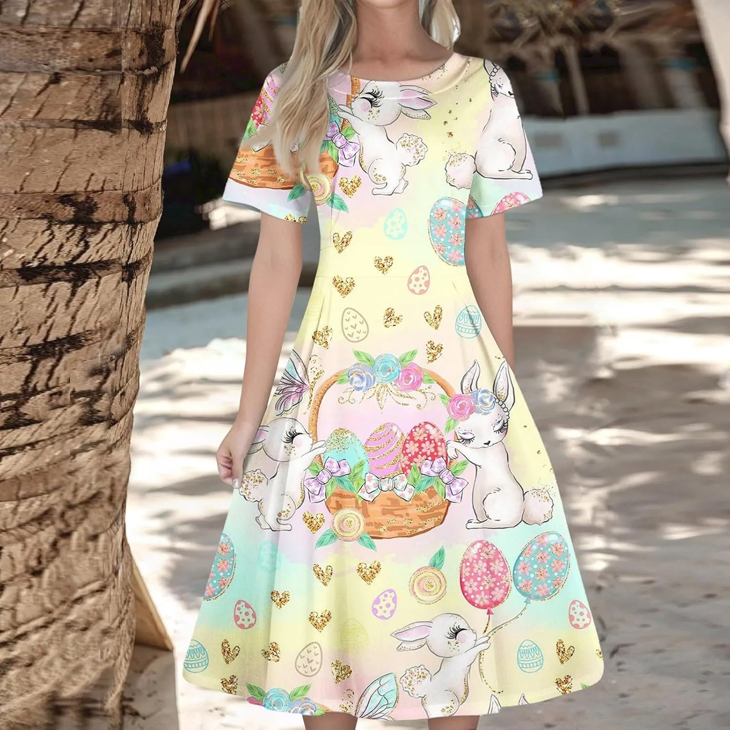 Easter Dresses for Women 2025 Spring Casual Short Sleeve Swing Flowy Beach Mini Vacation Dress