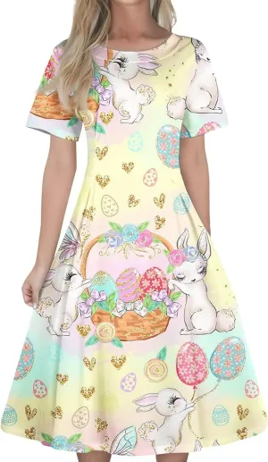 Easter Dresses for Women 2025 Spring Casual Short Sleeve Swing Flowy Beach Mini Vacation Dress