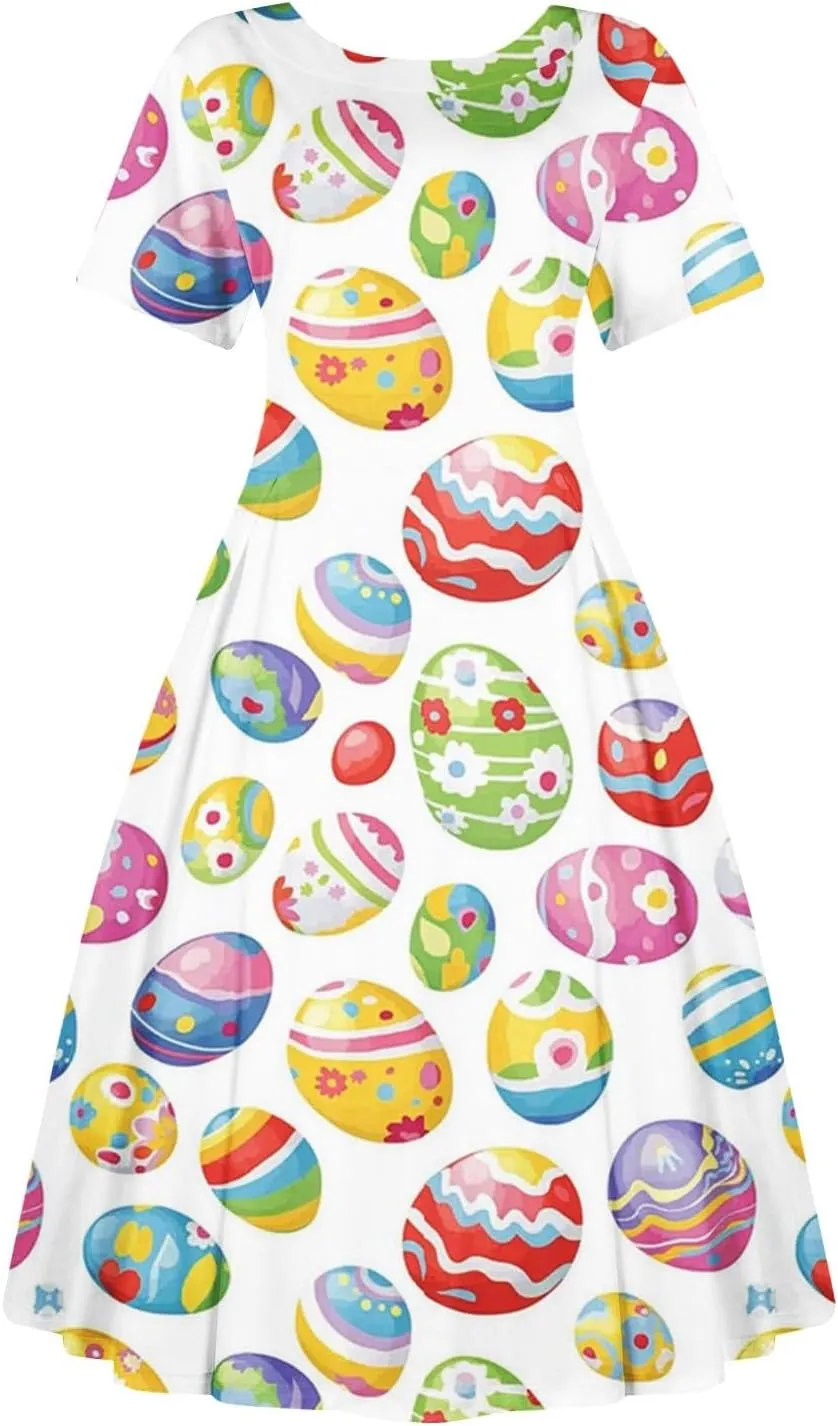 Easter Dresses for Women 2025 Spring Casual Short Sleeve Swing Flowy Beach Mini Vacation Dress