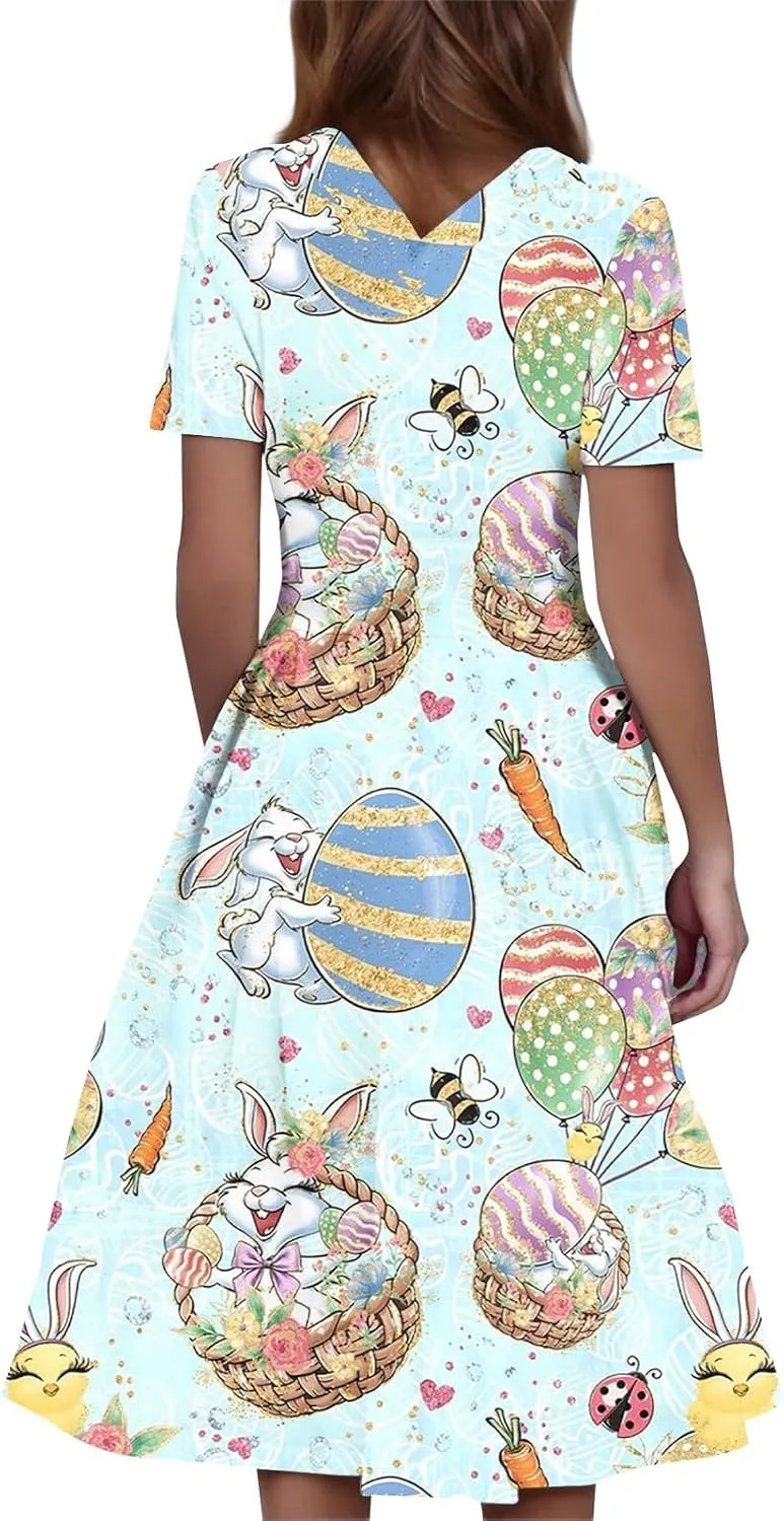 Easter Dresses for Women 2025 Spring Casual Short Sleeve Swing Flowy Beach Mini Vacation Dress