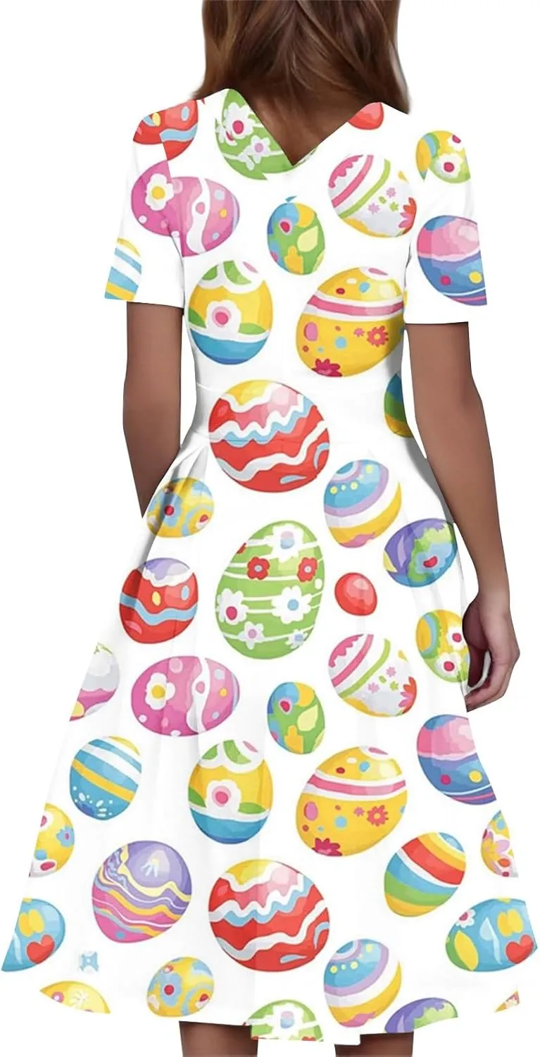 Easter Dresses for Women 2025 Spring Casual Short Sleeve Swing Flowy Beach Mini Vacation Dress