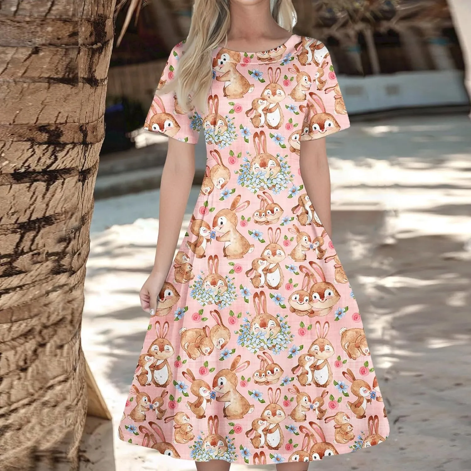 Easter Dresses for Women 2025 Spring Casual Short Sleeve Swing Flowy Beach Mini Vacation Dress