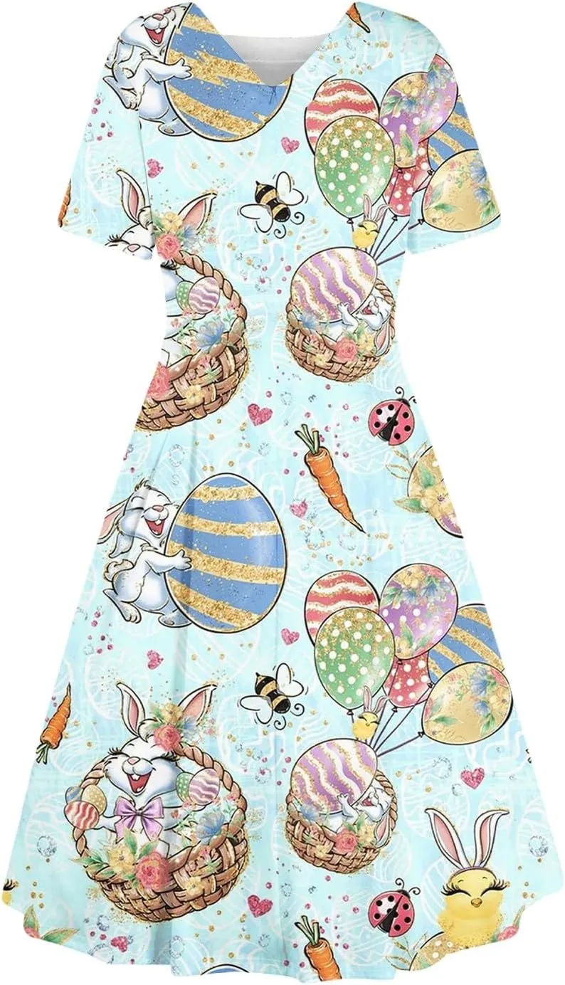 Easter Dresses for Women 2025 Spring Casual Short Sleeve Swing Flowy Beach Mini Vacation Dress