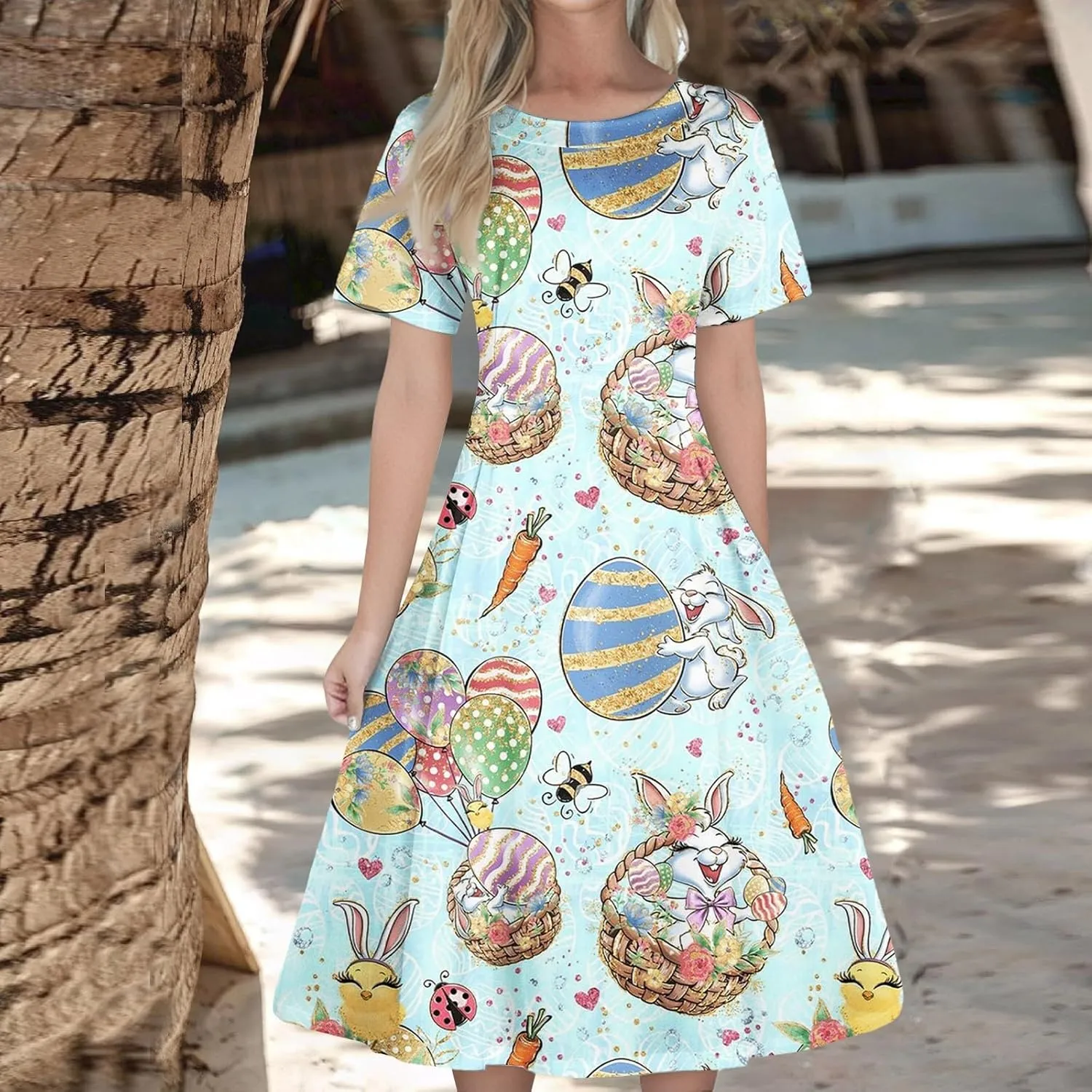 Easter Dresses for Women 2025 Spring Casual Short Sleeve Swing Flowy Beach Mini Vacation Dress