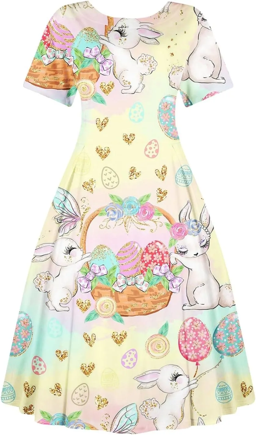 Easter Dresses for Women 2025 Spring Casual Short Sleeve Swing Flowy Beach Mini Vacation Dress