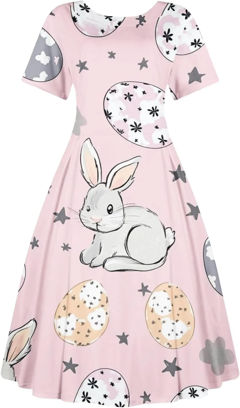 Easter Dresses for Women 2025 Spring Casual Short Sleeve Swing Flowy Beach Mini Vacation Dress