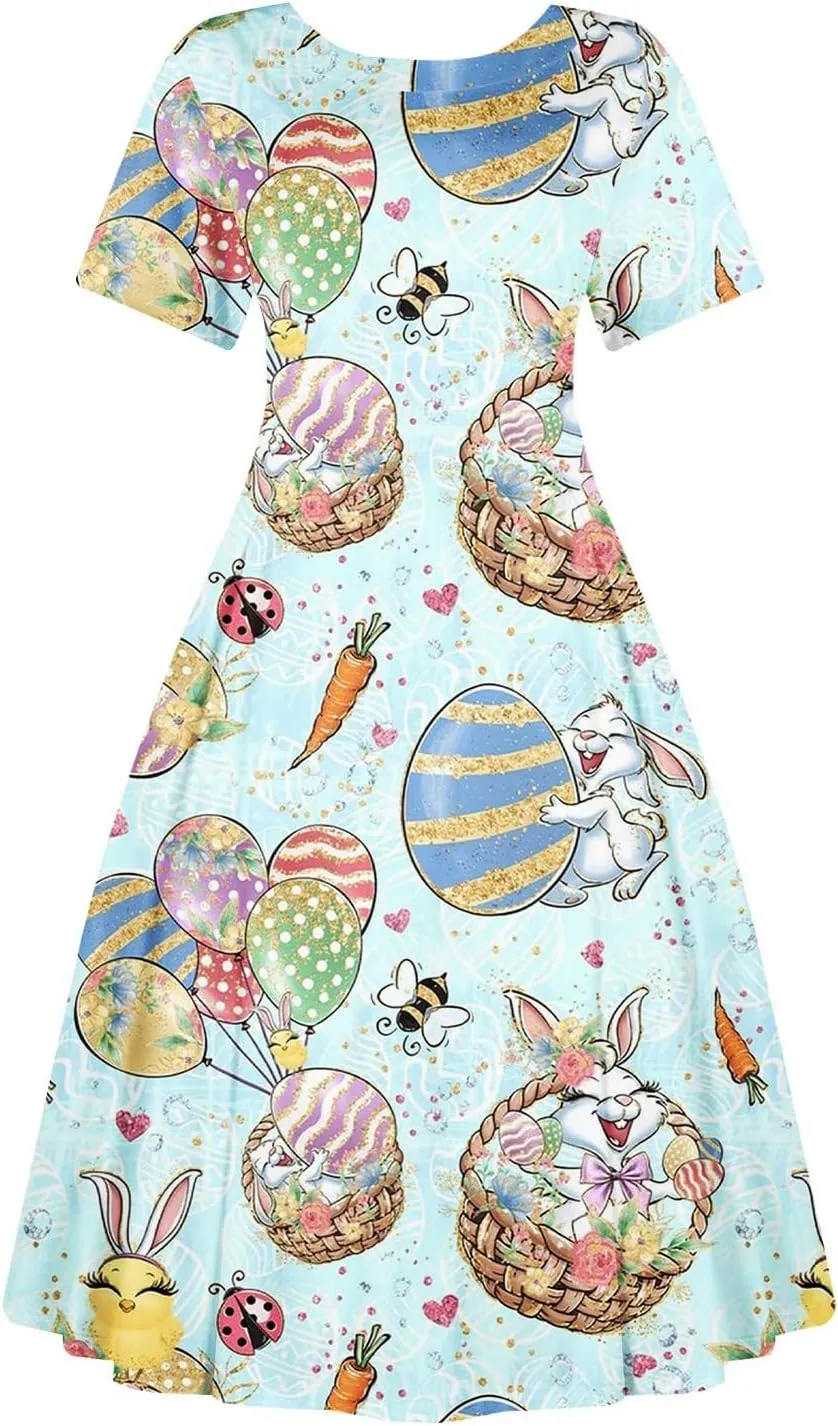 Easter Dresses for Women 2025 Spring Casual Short Sleeve Swing Flowy Beach Mini Vacation Dress