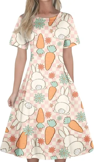 Easter Dresses for Women 2025 Spring Casual Short Sleeve Swing Flowy Beach Mini Vacation Dress
