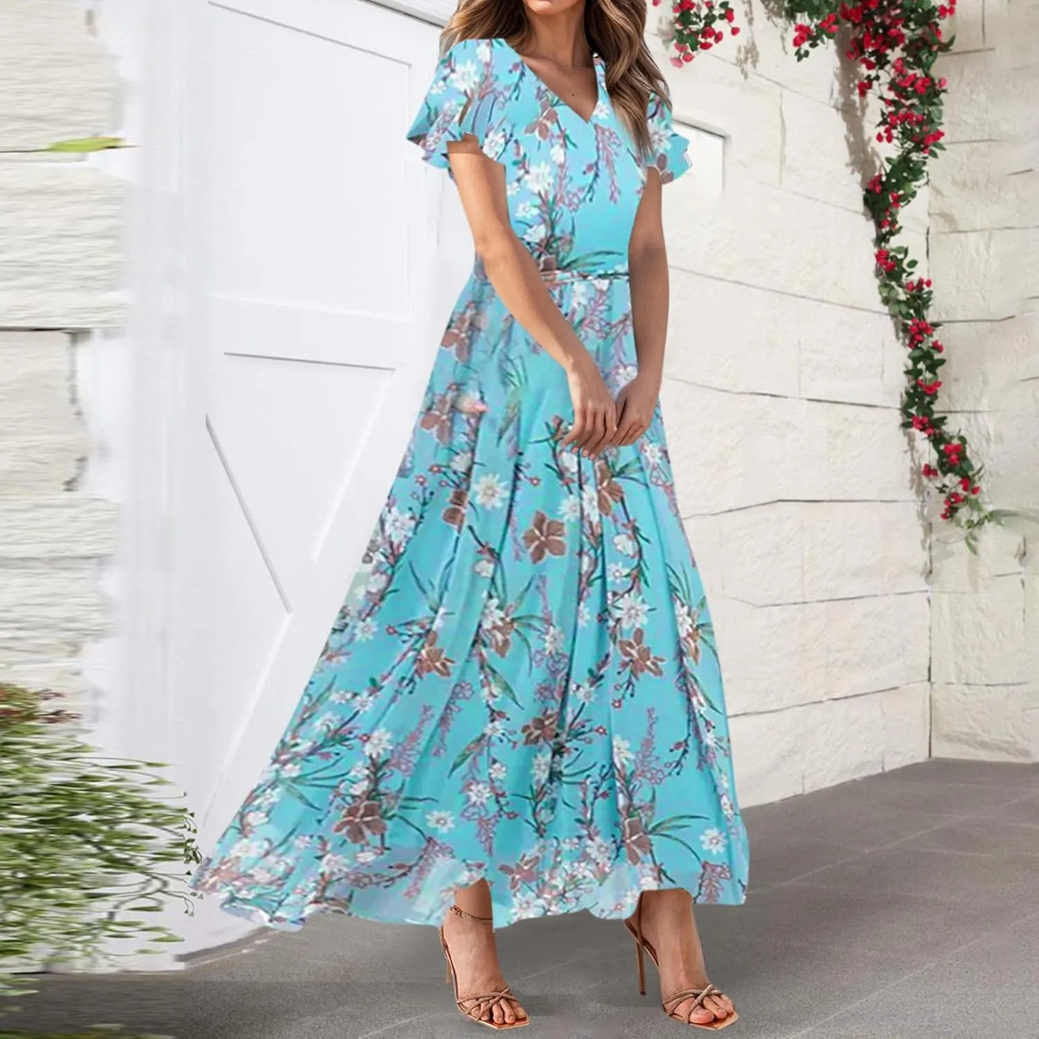 Easter Dresses for Women 2025 Summer Floral Chiffon Sun Dress Flowy Vacation Outfits Boho V Neck Ruffle Dress Beach Dress