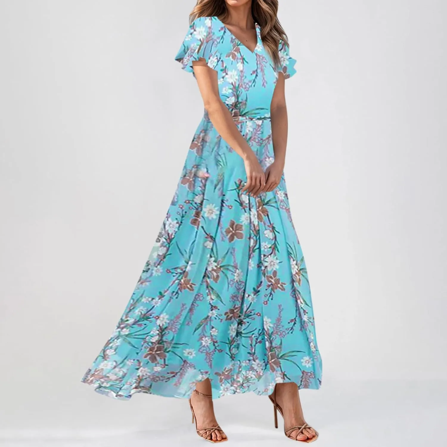 Easter Dresses for Women 2025 Summer Floral Chiffon Sun Dress Flowy Vacation Outfits Boho V Neck Ruffle Dress Beach Dress