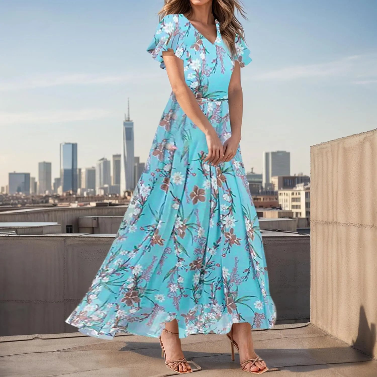 Easter Dresses for Women 2025 Summer Floral Chiffon Sun Dress Flowy Vacation Outfits Boho V Neck Ruffle Dress Beach Dress