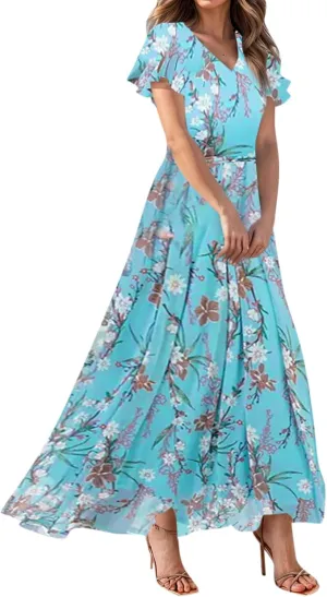 Easter Dresses for Women 2025 Summer Floral Chiffon Sun Dress Flowy Vacation Outfits Boho V Neck Ruffle Dress Beach Dress