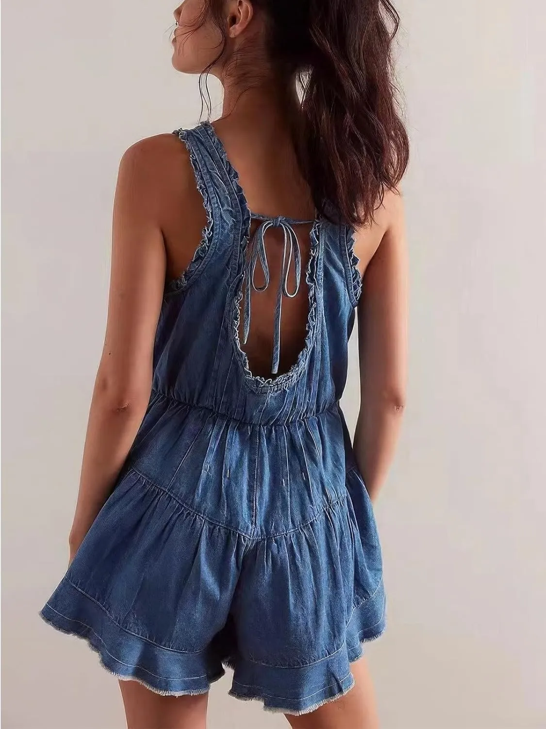 ebossy Women's 2025 Denim Rompers Distressed Ripped U-Neck Backless Tied Jumpsuits Casual Washed Ruffle Jean Shorts