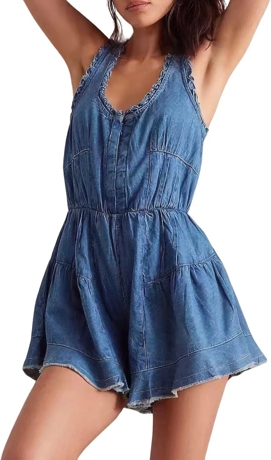 ebossy Women's 2025 Denim Rompers Distressed Ripped U-Neck Backless Tied Jumpsuits Casual Washed Ruffle Jean Shorts