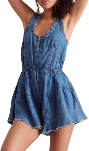 ebossy Women's 2025 Denim Rompers Distressed Ripped U-Neck Backless Tied Jumpsuits Casual Washed Ruffle Jean Shorts